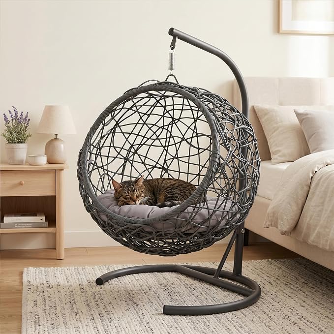 Hanging Cat Swing Bed with Stand, Rattan Egg Chair for Cats | Rattan Egg Chair Design, Soft Cushion, Stable Stand, Cozy Swinging Resting Spot For Cats And Small Dogs