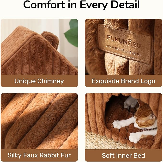 FUKUMARU Cat Bed Cave, Enclosed Washable Covered Dog Bed with Support Frame | Large Cat House for Indoor Cats, Cozy Cat Hideaway for Anxious Cats, Soft Plush Faux Fur Cat Tent Bed, Non-Slip Bottom, Brown