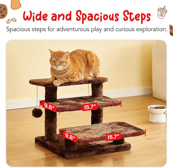 15''H Multi-Step Pet Stairs for High Beds & Sofas, 3-Step Cat Stairs with 2 Toy Balls, Wide Boards for Indoor Kittens Dogs Pets Climbing, Brown
