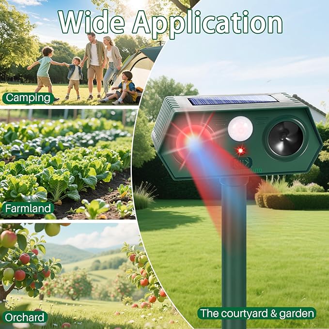 4Pack Solar Ultrasonic Animal Repellent Outdoor,Upgraded Deer Repellent Devices Motion Detection with Motion Sensor for Yard,Cat Repellent with Red&Blue LED Flash Lights to Scare Rabbit Raccoon Bear
