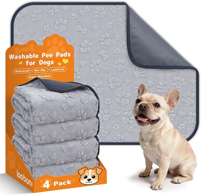 LOOBANI Washable Pee Pads for Dogs 30"x34", 4 Pack Reusable Dog Mat, Gray | Fast Absorbent, Non-Slip, Leakproof,Waterproof Dog Mat For Puppy Playpen, Whelping Box, Potty Training