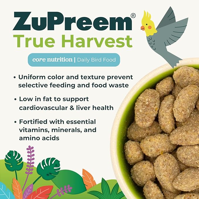 ZuPreem True Harvest Bird Pellets, Daily Bird Food for Cockatiel, Lovebird, Quaker, Small Conure, Lorikeet, Core Nutrition for Medium Birds, Added Vitamins, Cockatiel Pellets (M, 2.5 lbs)