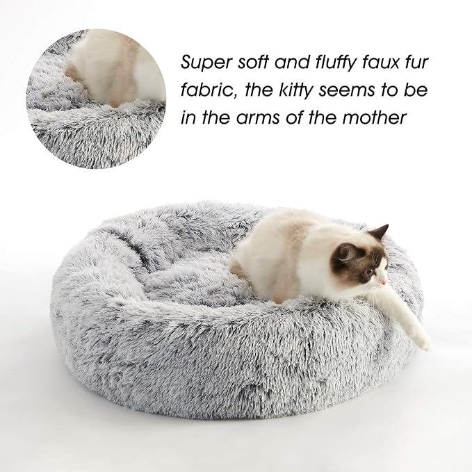 Calming Dog Bed & Cat Bed Washable Puppy Bed,24" Light Grey | Fluffy Faux Fur Round Cuddler,Anti-Anxiety,Anti-Slip Bottom,Self-Warming Pet Beds for Puppy&Small Dog&Large Cat,Up to 25 LBS