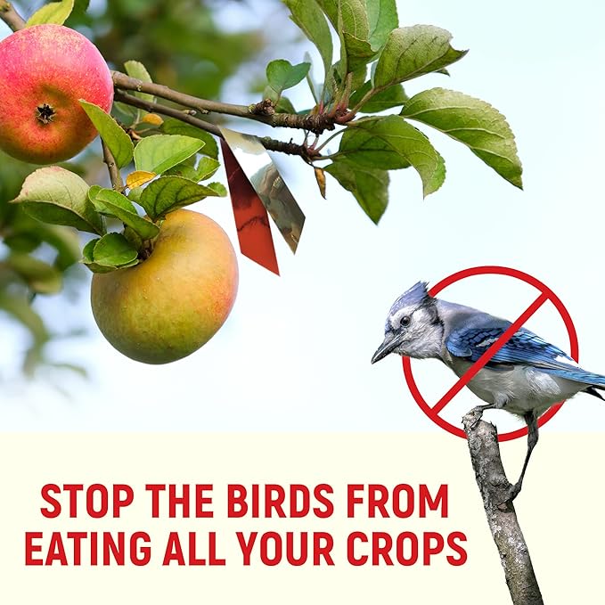 Ruban effaroucheur d'oiseaux de 150 m, rouge et argenté, ruban réfléchissant pour éloigner les oiseaux des vergers, jardins, cultures, poulaillers, vignobles, arbres, maisons, bateaux et revêtements.