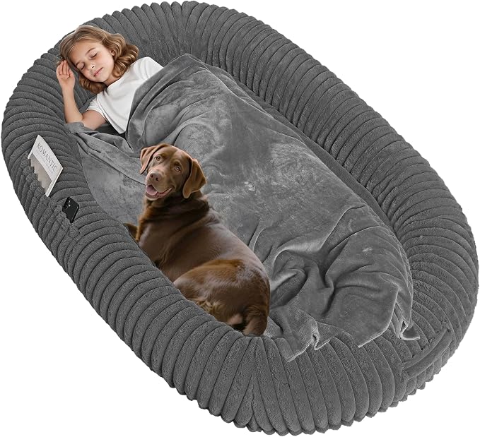 Human Dog Bed for Adult, Orthopedic Gel Memory Foam, 65"x41"x9" | Human Dog Bed Fits Adult & Pets, Reversible Egg-Crate Foam Cushion, Washable Pet Bed with Blanket, Medium Grey