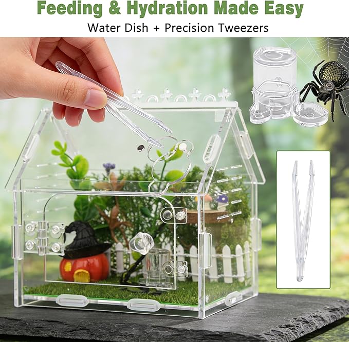 Jumping Spider Enclosure Accessories Kit, 15-in-1 Multifunctional Tarantula Habitat Decor Set with Hideouts, Plants, Ledge, Water Dish, Climbing Rope, Terrarium Decorations for Small Spiders