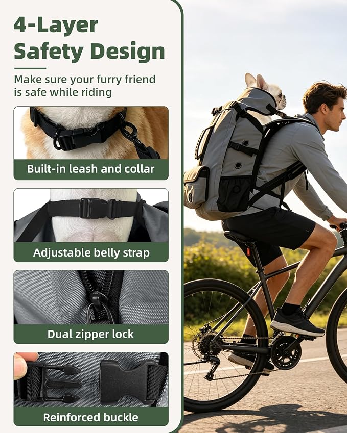 Breathable Dog Hiking Backpack Carrier for Medium Dogs, Grey | 4-Layer Protection, Adjustable Dog Backpack with Storage Pockets, Reflective Strips, 3D Ergonomic Support, Under 33 lb