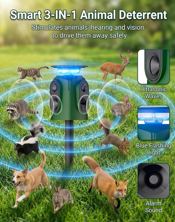 2 Pack 360° Solar Animal Repeller with Motion Sensor, Ultrasonic Deer Repellent Devices Cat Repellent Outdoor, Waterproof Dog Deterrent for Yard, Repel Raccoon Skunk Out of Garden - USB Rechargeable