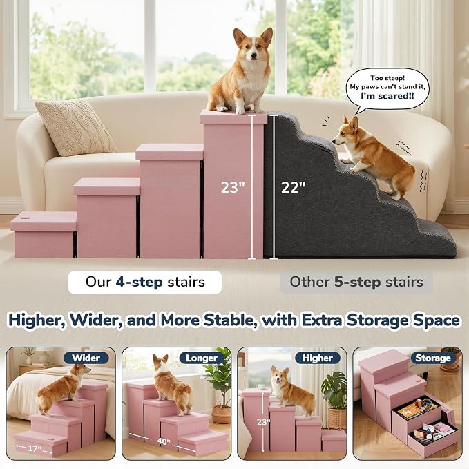 4-Step Wide Dog Stairs with Storage 23" H, Non-Slip Sturdy Pet Steps for High Bed Couch Window, Pet Stairs for Small/Medium/Large Old Dogs Cats Up to 220lbs, Cat Dog Steps for Car/SUV, Pink