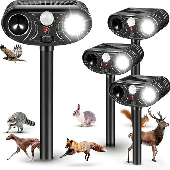 4 Pack Ultrasonic Solar Animal Repellent Outdoor,Sonic Fortress Pro Deer Repellent with Strobe Light, Waterproof Squirrel Cat Repellent Outdoor Rabbit Bird Raccoon Deterrent for Yard Garden Farm