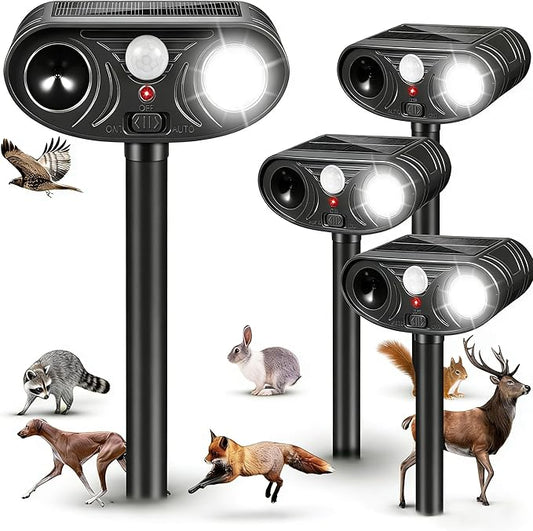 4 Pack Ultrasonic Solar Animal Repellent Outdoor,Sonic Fortress Pro Deer Repellent with Strobe Light, Waterproof Squirrel Cat Repellent Outdoor Rabbit Bird Raccoon Deterrent for Yard Garden Farm