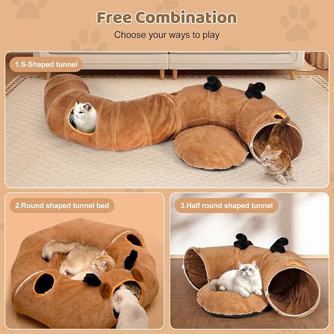 Cat Tunnel Bed with 20 Pcs Interactive Toys, 3-in-1 DIY Collapsible Plush Cat Tube with Washable Mat, Large Indoor Play Tunnel Cave for Kittens and Small Animals