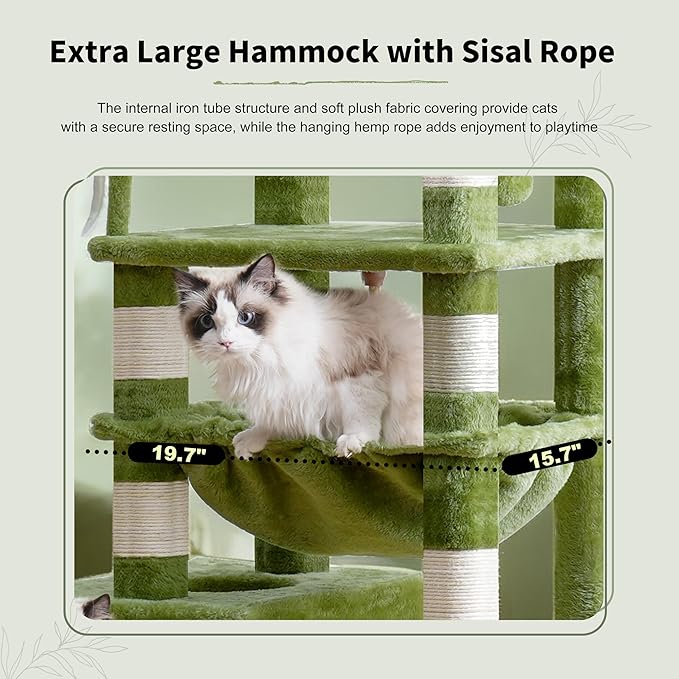 Gitelsnour Cat Tree, Cat Tower for Large Cats with 2 Big Platforms, 2 Baskets, condo and Toys, 63" Cat Scratching Posts for Indoor Cats, Green GCT020GR