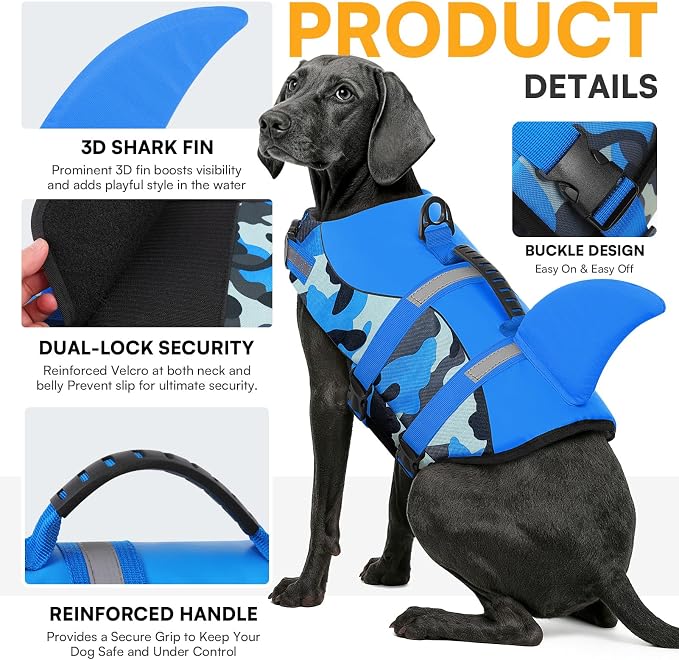 Dog Life Jacket Ripstop Dog Shark Safety Vest Adjustable Preserver with High Buoyancy and Durable Rescue Handle for Small,Medium,Large Dogs, Blue Camouflage Large