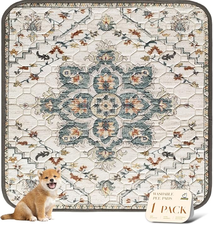 nunubaby Washable Pee Pads for Dogs, Stylish, Non-Slip and Leak-Proof Pee Pads. Reusable Potty Pads for Dogs for Crates and Floors.(Beige/Floral, 72" x72" )