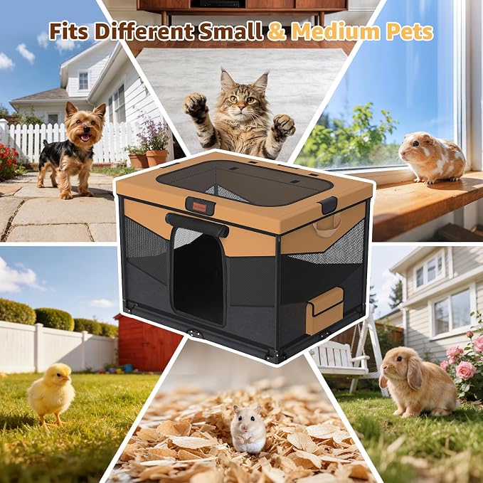 LOOBANI Dog Playpen for Small Dogs, 32"x24"x22", Foldable & Portable, Brown | Pet Playpen, with Removable Washable 690D Fabric Cover, Sturdy Frame Cat Playpen for Indoor, Dog Crate for Small Animals