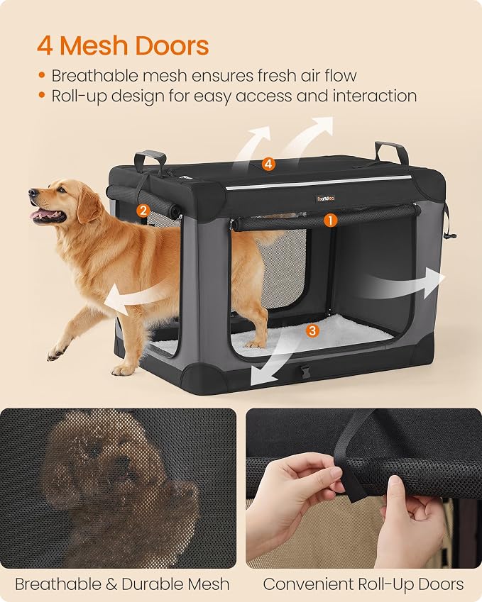 Feandrea Collapsible Dog Crate, Portable Travel Crate, 36-Inch | Oxford Fabric Pet Carrier with 4 Mesh Doors, Handles, Storage Pocket, Water Bottle Holder, UPDC019B01