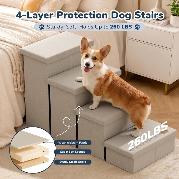 4-Step Wide Dog Stairs with Storage 23" H, Non-Slip Sturdy Pet Steps for High Bed Couch Window, Pet Stairs for Small/Medium/Large Old Dogs Cats Up to 220lbs, Cat Dog Steps for Car/SUV, Beige