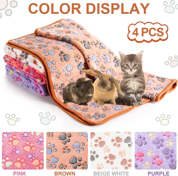 Tatuo 4 Pack Fleece Dog Blankets for Puppy Cats Multi-Size Sleep Mat for Pet Guinea Pig Soft Washable Warm Crate Bed Puppy Teething Toys Print Pattern Blanket Indoor(Mixed Color,24 x 47 Inch,Paw)