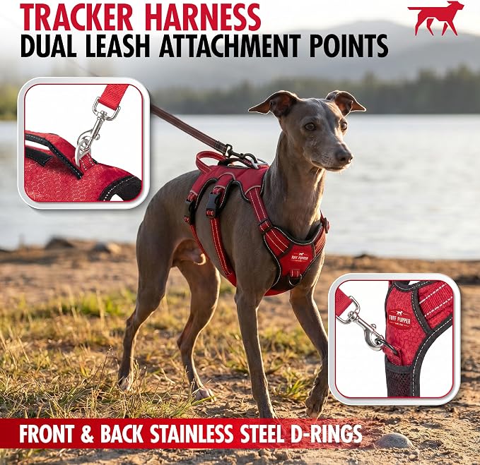 Tuff Pupper Tracker No Escape Dog Harness, Dual Attachment Points, Reflective 3M Stitching, XS - XL, March Red