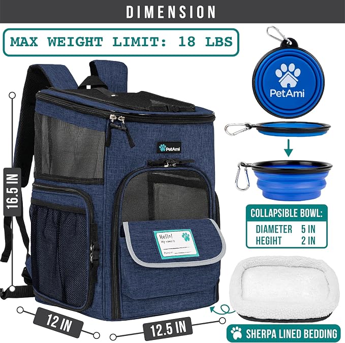 PetAmi Dog Backpack Carrier, Airline Approved 4-Way Entry Cat Backpack Carrier, Ventilated Mesh, Collapsible Pet Carrier for Small Puppy, Kitten, Hiking, Travel Car, Vet, up to 18 lbs, Navy Blue