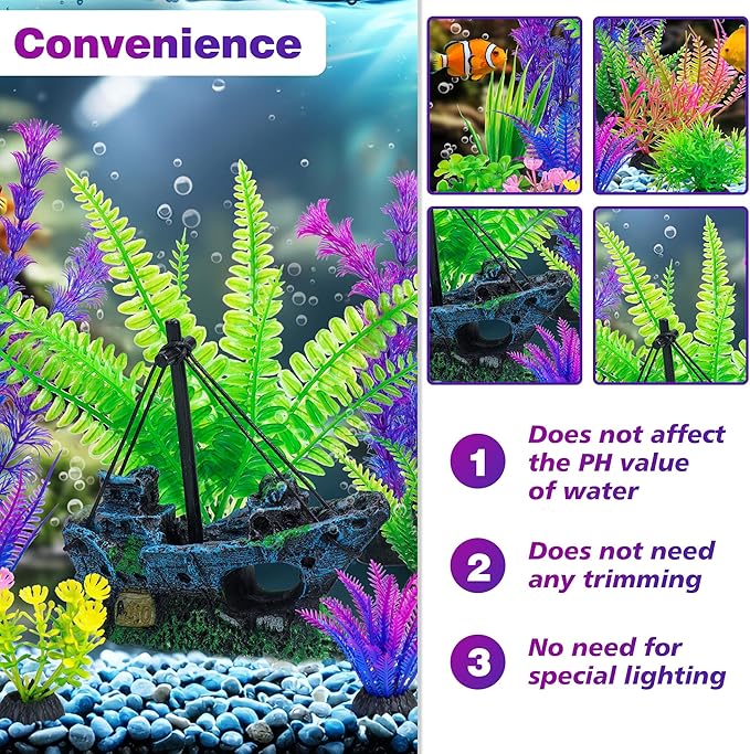 Ameliade Fish Tank Decor Set with Shipwreck Decoration, Little Diver Floating & 13 Aquatic Artificial Plants - Betta Plants & Hiding Spots for Aquariums and Small Fish Tank Accessories