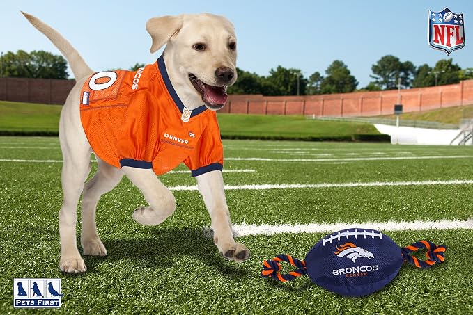 NFL Denver Broncos PET GIFT BOX with 2 Licensed DOG TOYS, 1 Logo-engraved NATURAL DOG TREAT, 1 NFL JERSEY, 1 NFL Puppy Training Bells & 1 Car Seatbelt