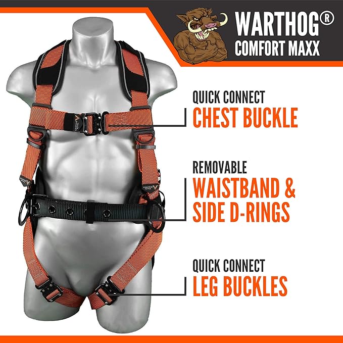 Warthog Comfort MAXX - Safety Harness for Construction – Fall Protection Equipment with Removable Belt and Lumbar Support, Side D-Rings, and Padding, OSHA & ANSI Compliant (XXL)