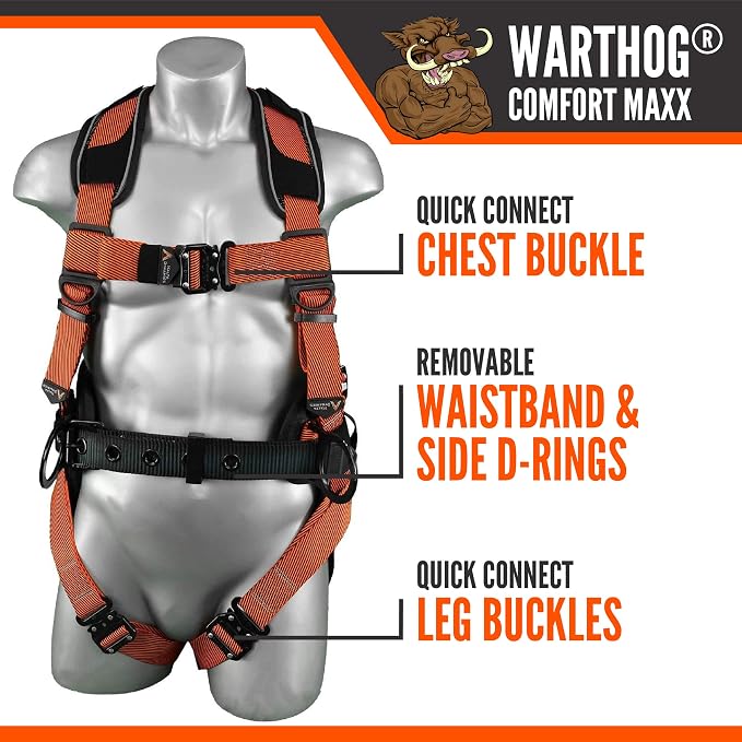 Warthog Comfort MAXX - Safety Harness for Construction – Fall Protection Equipment with Removable Belt and Lumbar Support, Side D-Rings, and Padding, OSHA & ANSI Compliant (S-M)
