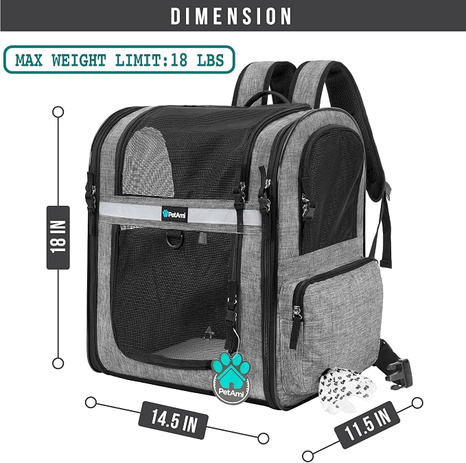 PetAmi Dog Backpack Carrier for Cats, 4-Way Entry Ventilated, 18 lbs, Gray | Sherpa Bed Included, Foldable Load-In Top, Safety Reflective Strap, Breathable Mesh, Poop Bag Dispenser, Padded Back Support