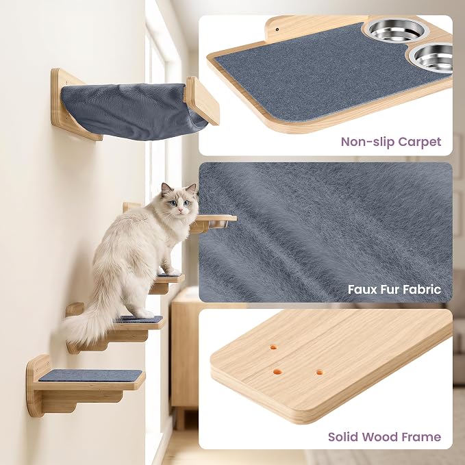 Cat Wall Shelves - Wall Mounted Cat Shelves with Feeding Station | Natural Wood Finish, Solid Pinewood, Gray Carpet, Supports Up to 33 lbs, Stainless Bowls, Dog-proof, Lounging, Climbing