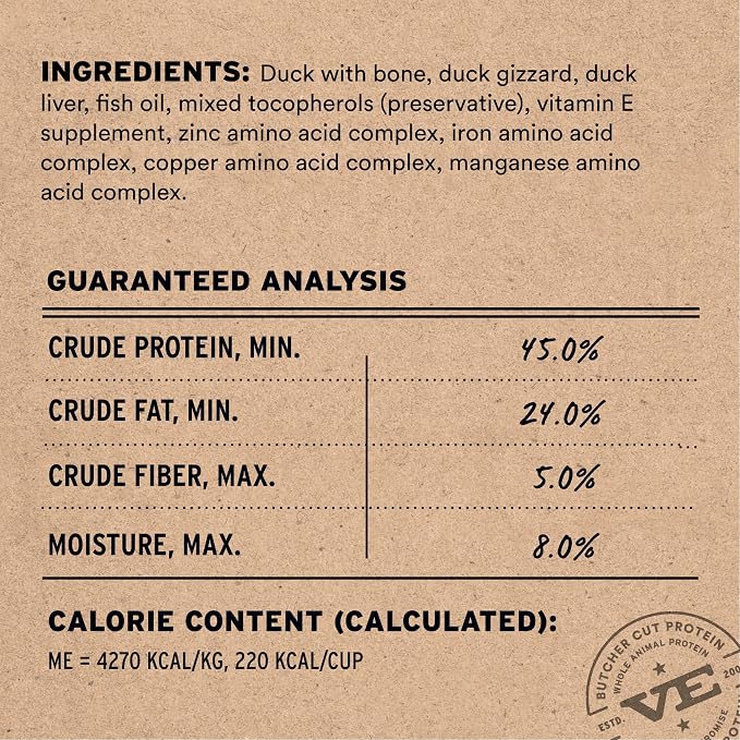 Vital Essentials Freeze Dried Dog Food, Raw Duck Crunchy Mini Nibs | Complete Meal or Topper | 96% Duck, Organs & Bone | Limited Ingredient, High Protein, Grain Free Dry Dog Food | 25 oz Bag