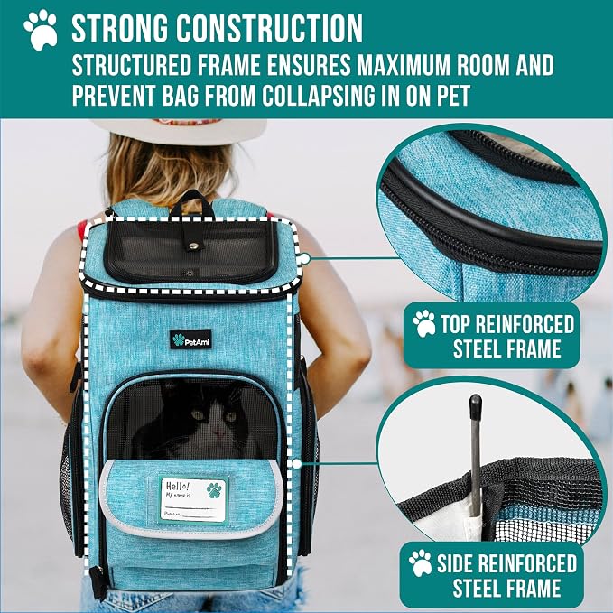 PetAmi Dog Backpack Carrier, Airline Approved 4-Way Entry Cat Backpack Carrier, Ventilated Mesh, Collapsible Pet Carrier for Small Puppy, Kitten, Hiking, Travel Car, Vet, up to 18 lbs, Turquoise