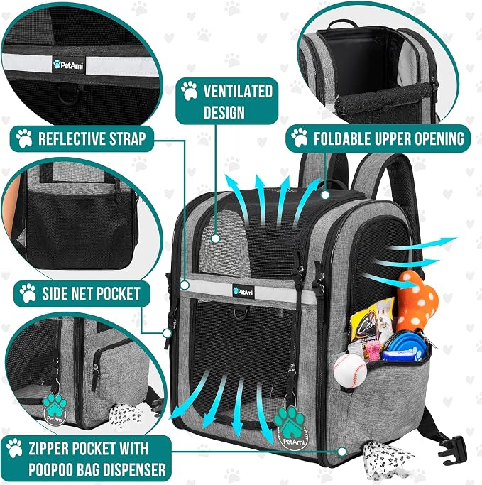 PetAmi Dog Backpack Carrier for Cats, 4-Way Entry Ventilated, 18 lbs, Gray | Sherpa Bed Included, Foldable Load-In Top, Safety Reflective Strap, Breathable Mesh, Poop Bag Dispenser, Padded Back Support