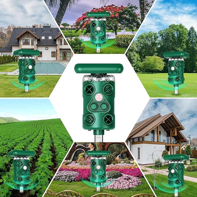 Solar Ultrasonic Deer Repellent Device – Animal & Raccoon Repellent Outdoor with Motion Sensor Flashing LED, IP54 Waterproof Wildlife Deterrent, 13.5–45.5KHz Dual Chip Pest Repeller 2PK