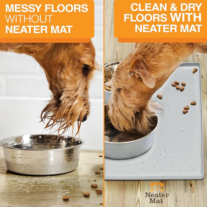 Neater Pet Brands Neater Mat Pet Mats for Food and Water, Cat & Dog Bowl Mat Waterproof Silicone, Feeding Tray, Dog Food Mats for Floors, Placemat w/Raised Edge for Under Bowls, 16” x 10”, Light Gray