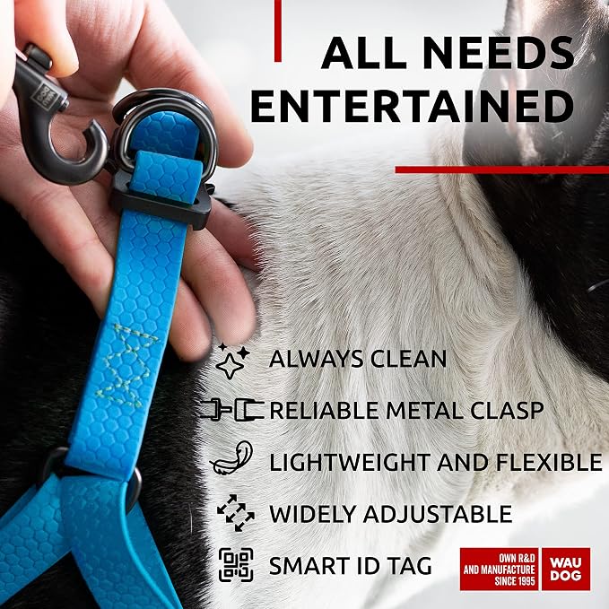 WAUDOG Waterproof Adjustable Dog Harness - Heavy Duty Harness with Metal Clasp and QR Tag - Blue (24-35in)