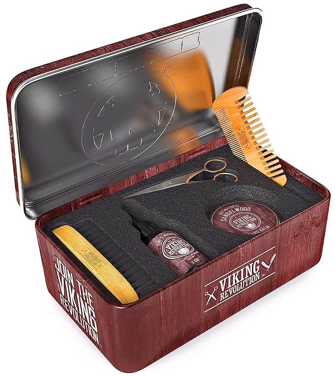 Viking Revolution Ultimate Beard Kit - Sandalwood, 5 Pcs with Metal Box | Complete Multi-Piece Men's Gift Box - Features Boar Brush, Wood Comb, Sandalwood Balm & Oil, Scissors for Beard & Mustache