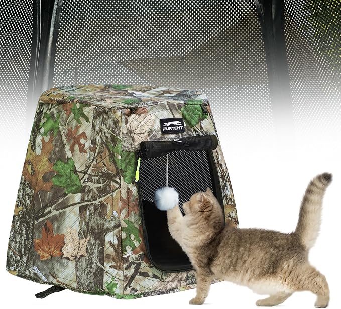 Portable Assembly-Free Cat Pop Up Tent, Ventilation Outdoor Indoor Cat House with Detachable Toy Ball, Sunshade Camping Pet Tent for Cats with Non-Slip Cushion Up to 15LB