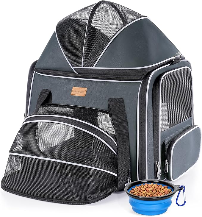 Morpilot Top and Side Expandable Cat Carrier for Pets up to 20lbs | Airline Approved Collapsible Soft-Sided Pet Carrier for Car Rides and Vet Visits (Dark Gray)