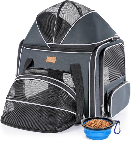 Morpilot Top and Side Expandable Cat Carrier for Pets up to 20lbs | Airline Approved Collapsible Soft-Sided Pet Carrier for Car Rides and Vet Visits (Dark Gray)
