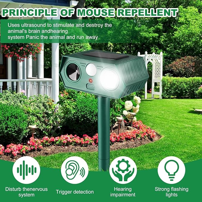 2025 Solar Animal Repellent,Upgraded Ultrasonic Cat Repellent Outdoor,Waterproof Deer Deterrent for Bird Dog Skunk,Squirrels Deterrent with Motion Detection Flash Lights for Pasture House (2 Pack)