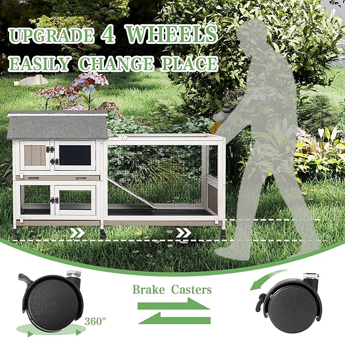 Gowoodhut 2-Story 60.6"L Rabbit Hutch Indoor and Outdoor with 6 Wheels,Wooden Rabbit Cage with 3 Pull Out Leak-Proof Trays for 2-4 Rabbits,Bunny Hutch with Asphalt Roof Bunny Cage with 6 Accesses,Grey