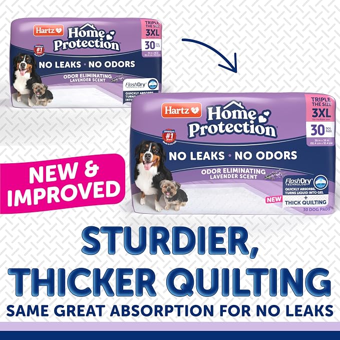 Hartz Home Protection Lavender Scent Odor Eliminating Dog Pads, 3XL, 60ct | Thicker Quilted, Super Absorbent, Quick Drying, No Leaks, No Odors, FlashDry Technology