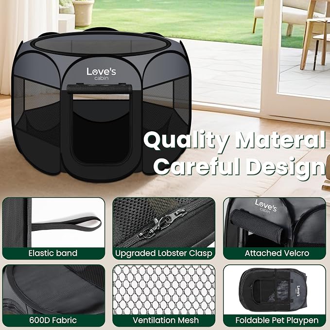 Love's cabin Pet Puppy Dog Playpen, Medium Dog Tent Crates Cage Indoor/Outdoor, Portable Playpen for Cat, Foldable Pop Up Dog Kennel Playpen with Carring Case, Removable Zipper Top, Dark Grey