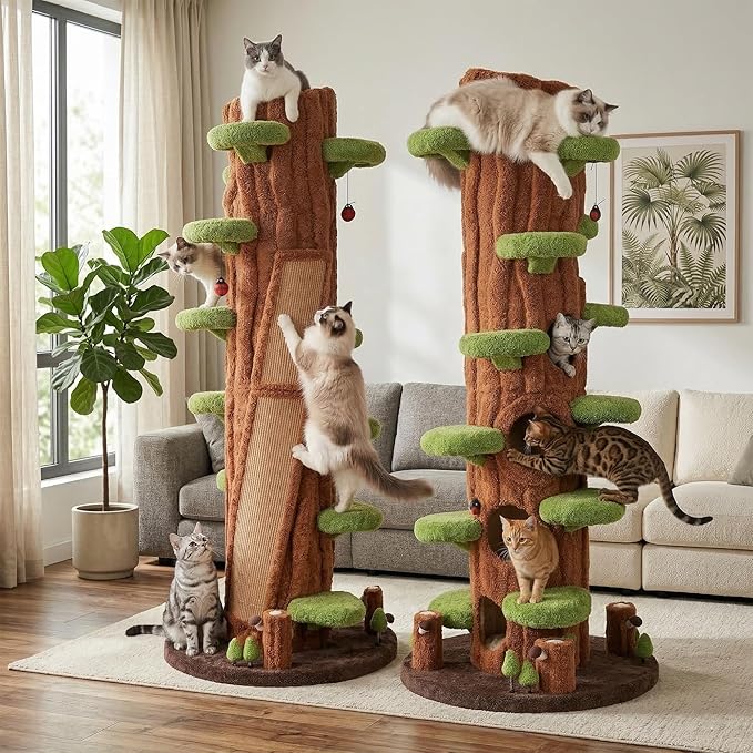 2-Pack 90.5" Tall Cat Tree for Indoor Cats, KAMABOKO Multi-Level Tall Cat Tower with Sisal-Covered Scratching Posts, Plush Perches, Hanging Toys & Spring Toys, Large Kitty Condo with Jumping Platforms