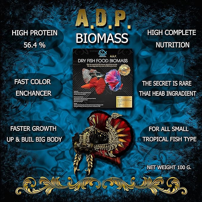 A.D.P. Biomass 100 g. Special High Protein 56.4% Tropical Fish Food Growth Fast Color Enhancer Guppy Betta Feed Slow Sinking Pellets 400 Microns for All Small to Medium Fish & Fry Newborn Fish Care