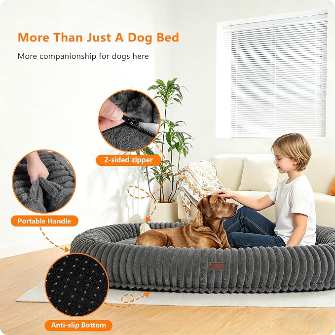 Human Dog Bed for Adult, Orthopedic Gel Memory Foam, 65"x41"x9" | Human Dog Bed Fits Adult & Pets, Reversible Egg-Crate Foam Cushion, Washable Pet Bed with Blanket, Medium Grey