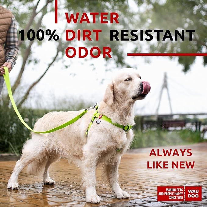 WAUDOG Waterproof Harness - Adjustable for Large, Medium & Small Dogs - Heavy Duty with Metal Clasp, QR Tag - Green (24-35in)