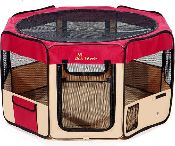 Pawer 36”×18.5” 8-Panel Foldable Pet Playpen, for Small Medium Cat/Dog/Puppy, Burgundy+Beige, 600D Oxford Cloth Portable Indoor & Outdoor Kennel with Carry Bag, Multiple Sizes & Colors Available